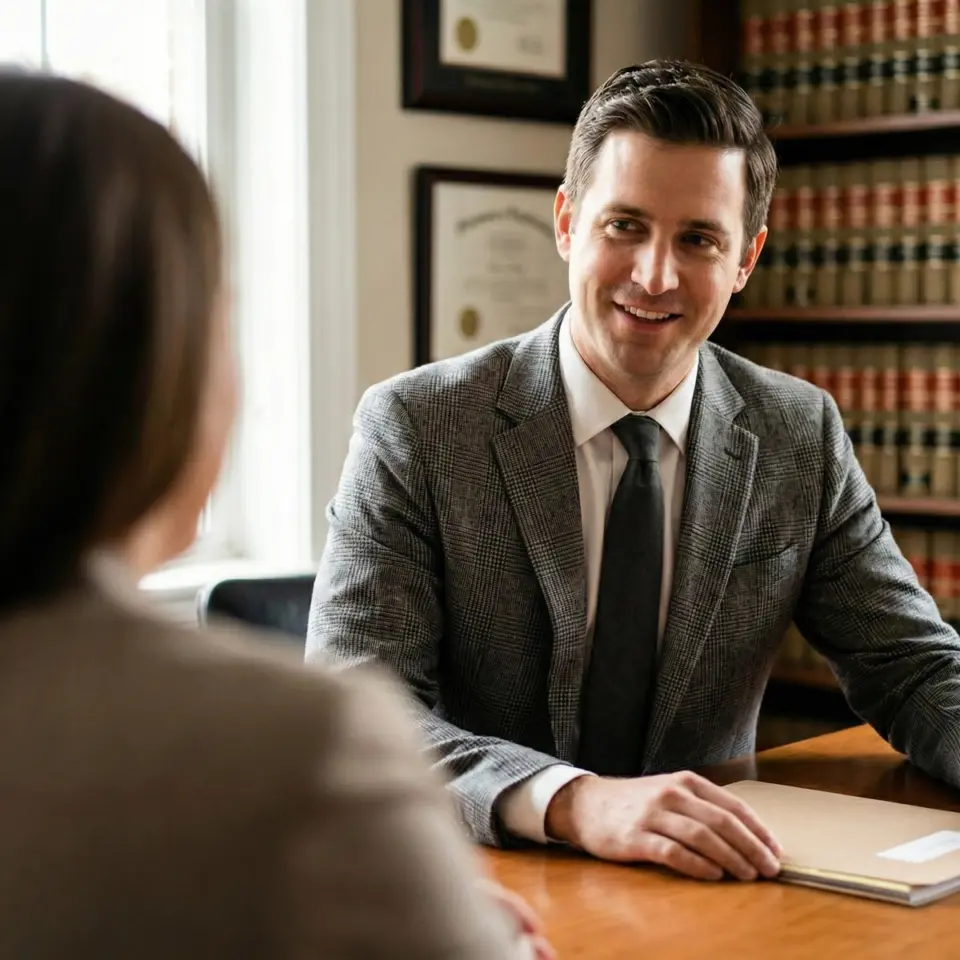 Man in a suit smiling during a professional meeting in an office with bookcases and certificates in the background.