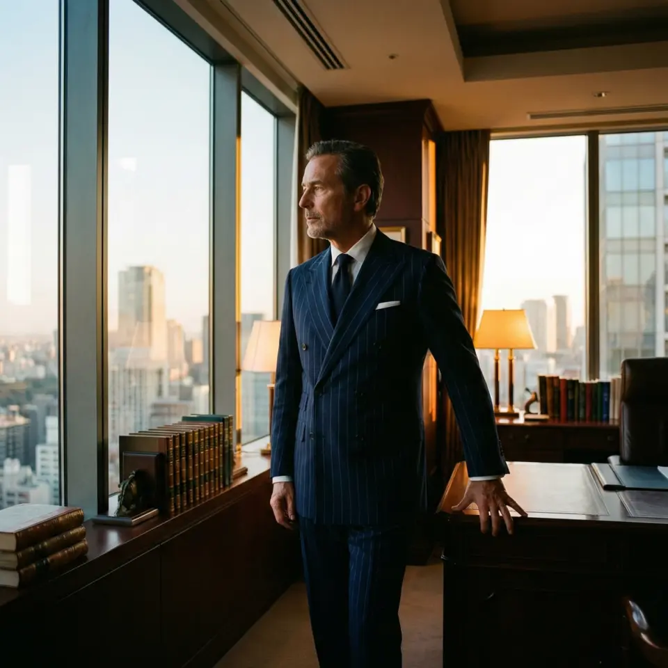 Businessman in a pinstripe suit gazing out office window, skyscraper skyline, warm lighting, elegant office setting.
