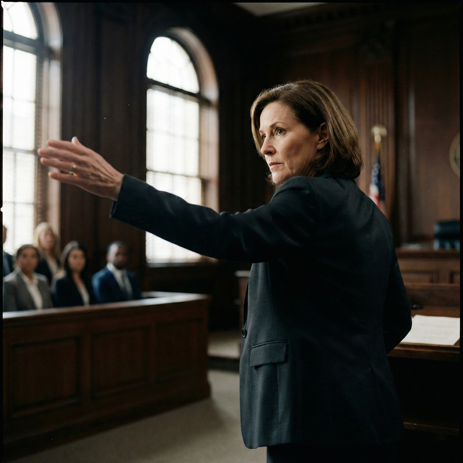 Lawyer passionately addressing the court, engaging the jury in a courtroom setting.