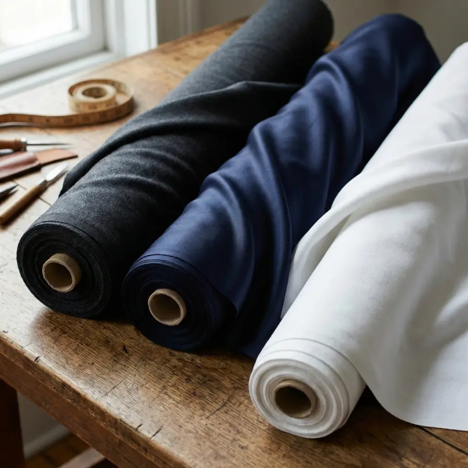 Premium rolls of charcoal, navy, and white fabric on a tailor’s table, showcasing high-quality natural stretch materials.