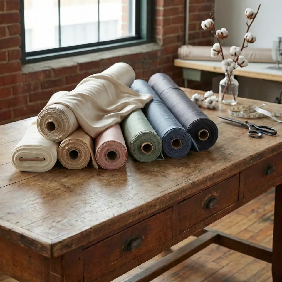 Colorful fabric rolls on a wooden table, next to scissors and cotton branches, bathed in natural light from a window.