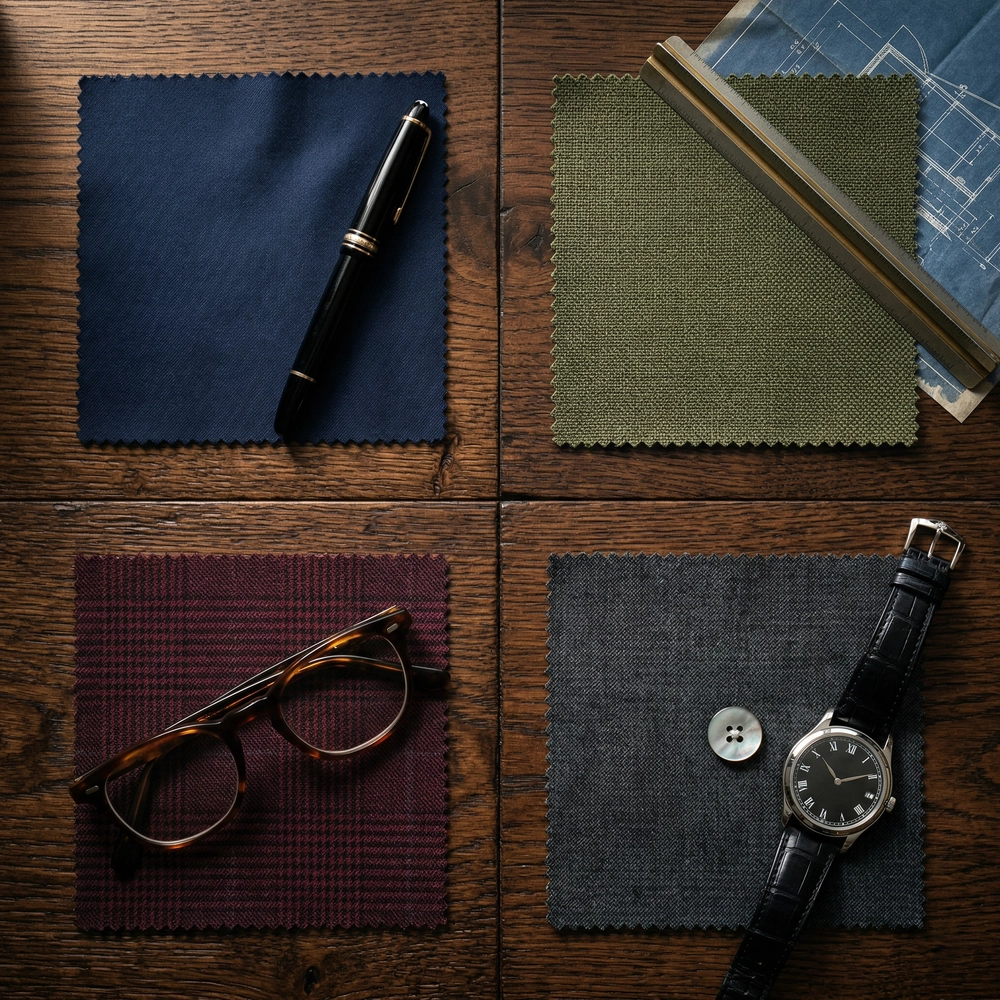 Four fabric swatches and professional accessories on a wooden desk, illustrating bespoke tailoring for different professions.
