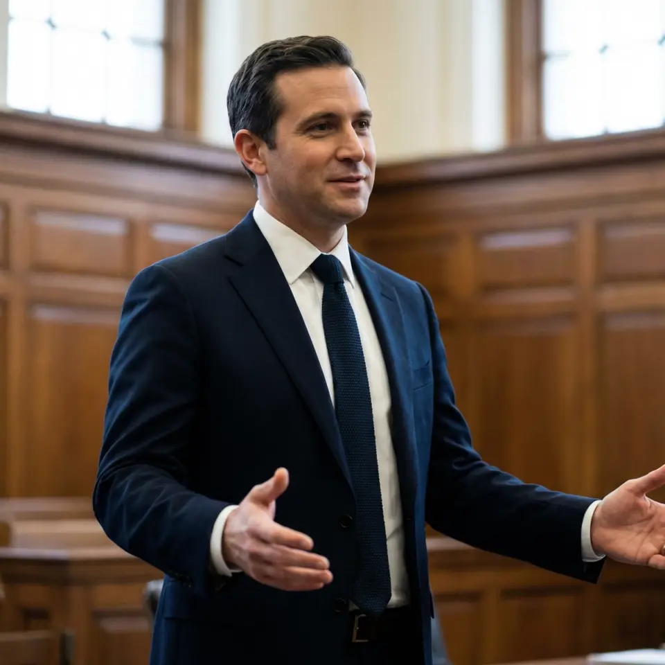 Man in a suit speaking passionately in courtroom, gesturing with hands, wooden panel background.