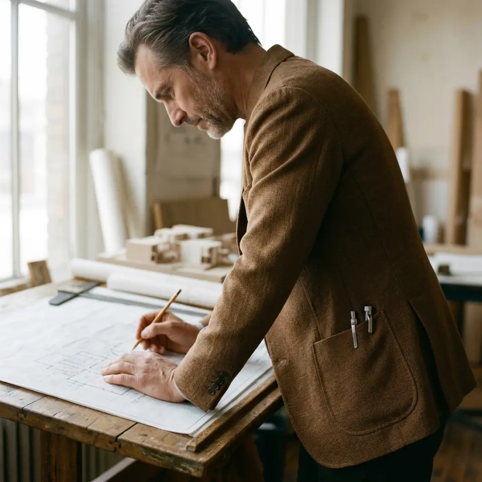 Architect drawing blueprints in a bright studio, focused on creating precise architectural plans.