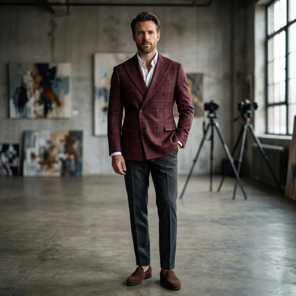 Man in burgundy blazer and gray pants poses in art studio with paintings and camera tripods in background.