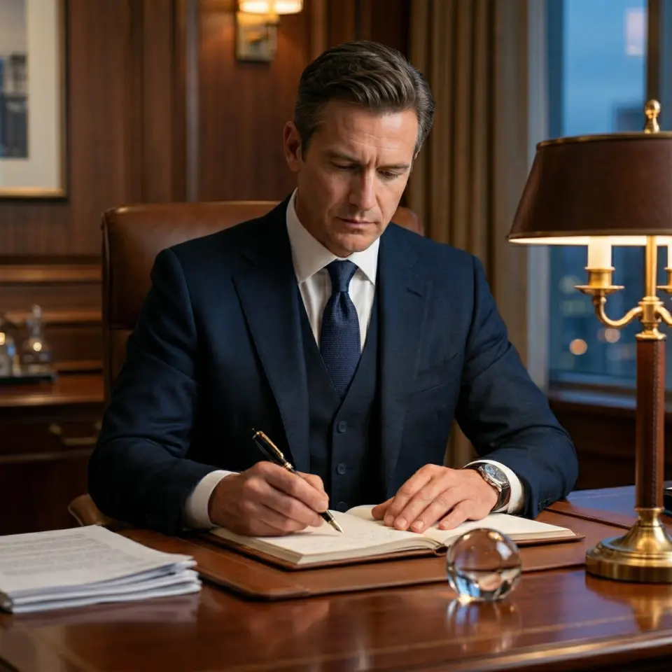 Businessman in suit writing at desk in elegant office setting.