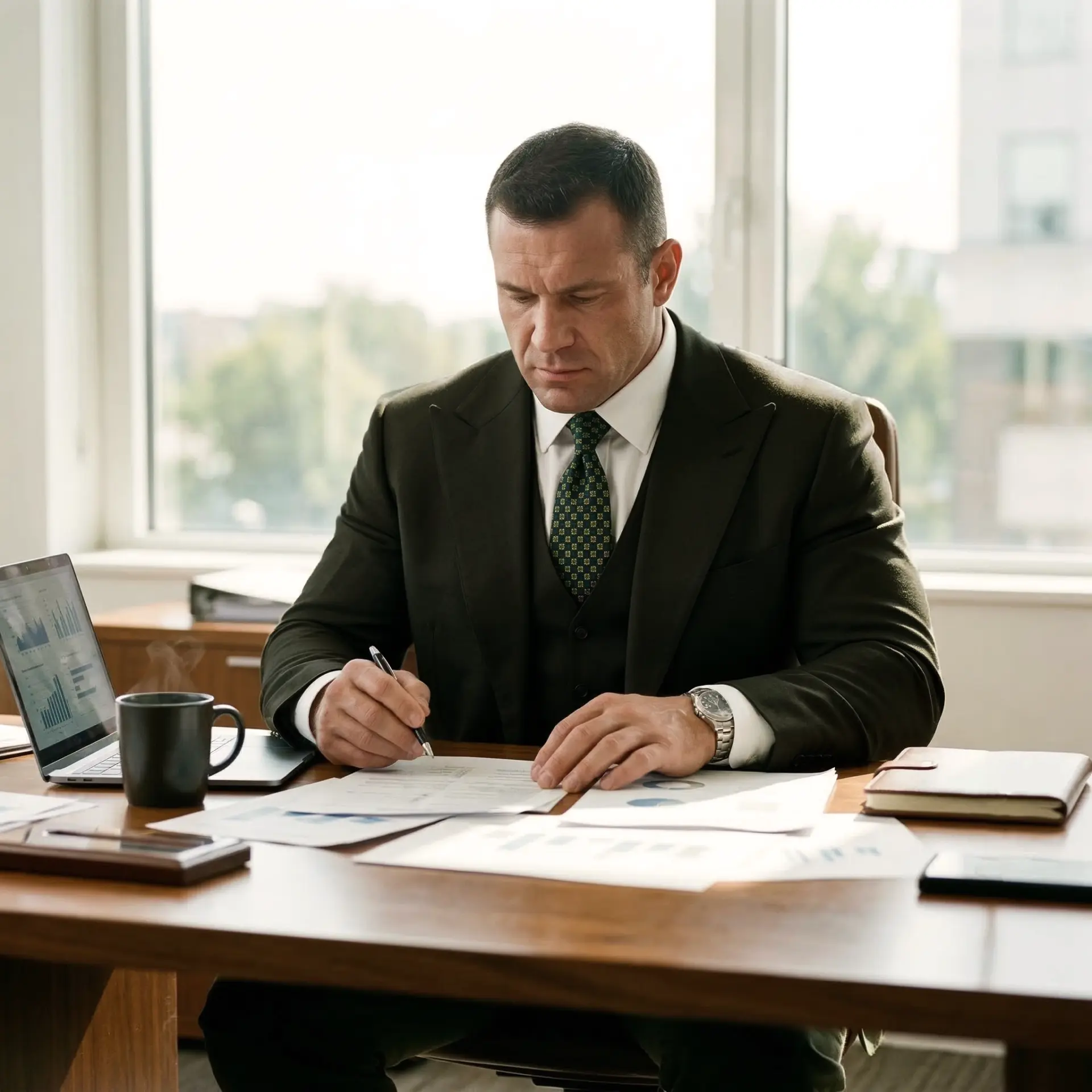 A sharply tailored dark olive three-piece suit worn by a muscular man signing documents at his desk, providing visual examples of styling tips for muscular silhouette in a business environment.