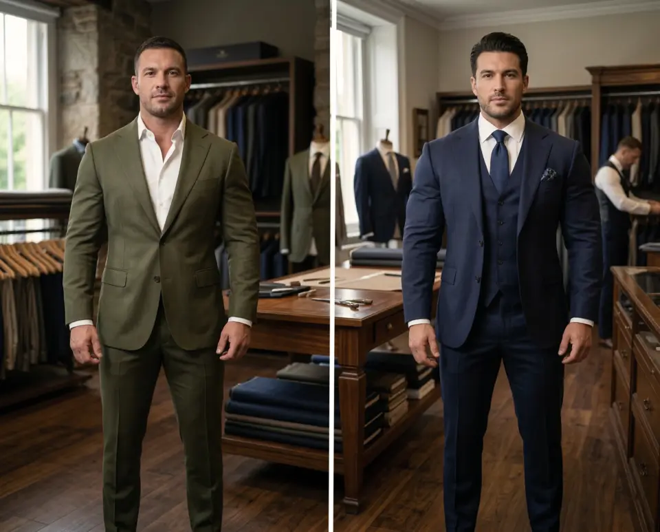 Two men in tailored suits, one in olive green and the other in navy blue, standing in a stylish clothing store.
