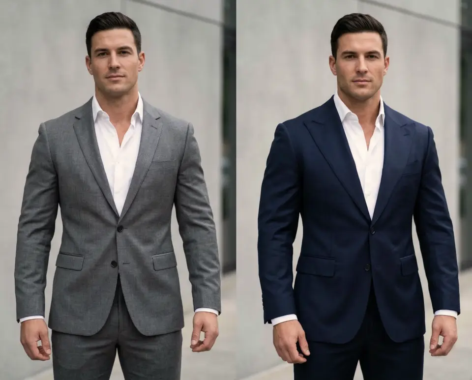 Man in two suits: gray on the left, navy on the right; comparing formal menswear styles.