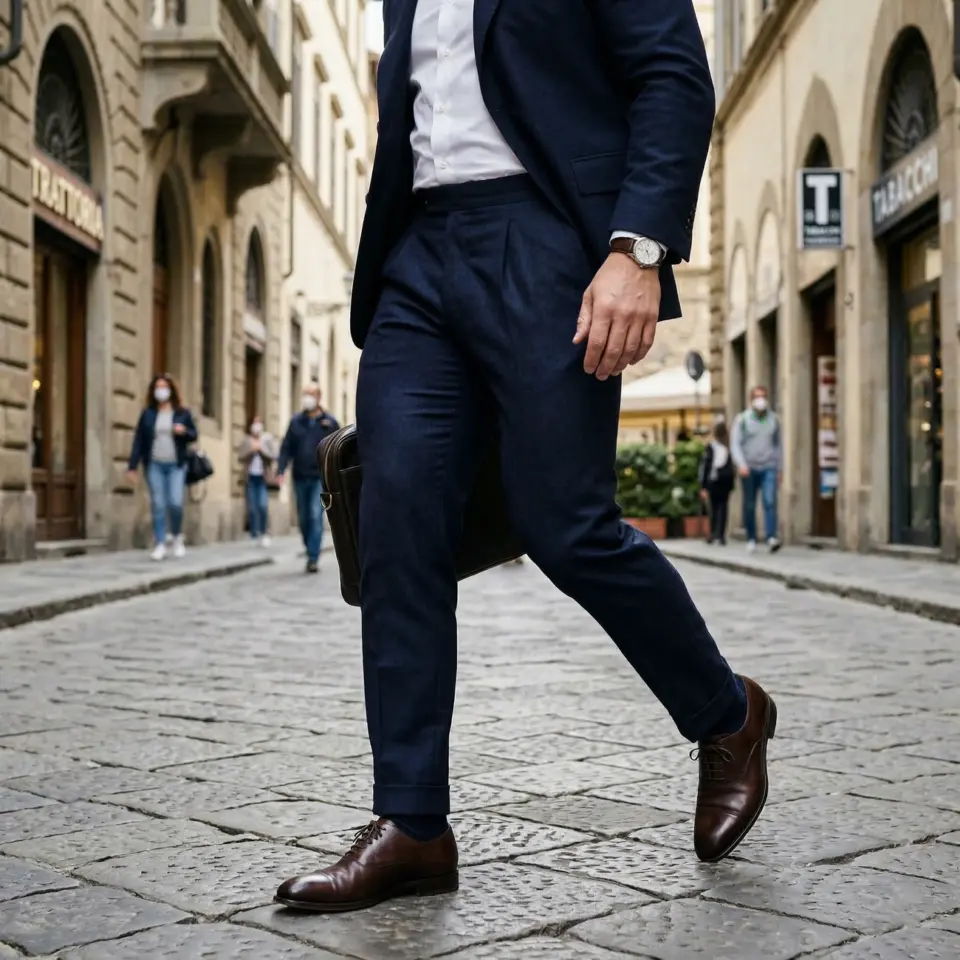 Person in a navy suit and brown shoes walking on a cobblestone street, carrying a briefcase.