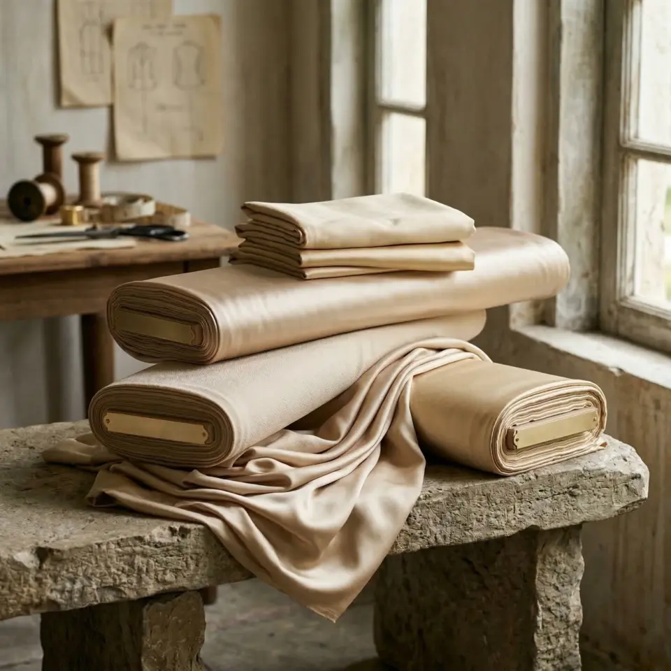 Rolls of beige fabric stacked on a rustic table near a window, with sewing tools in the background.