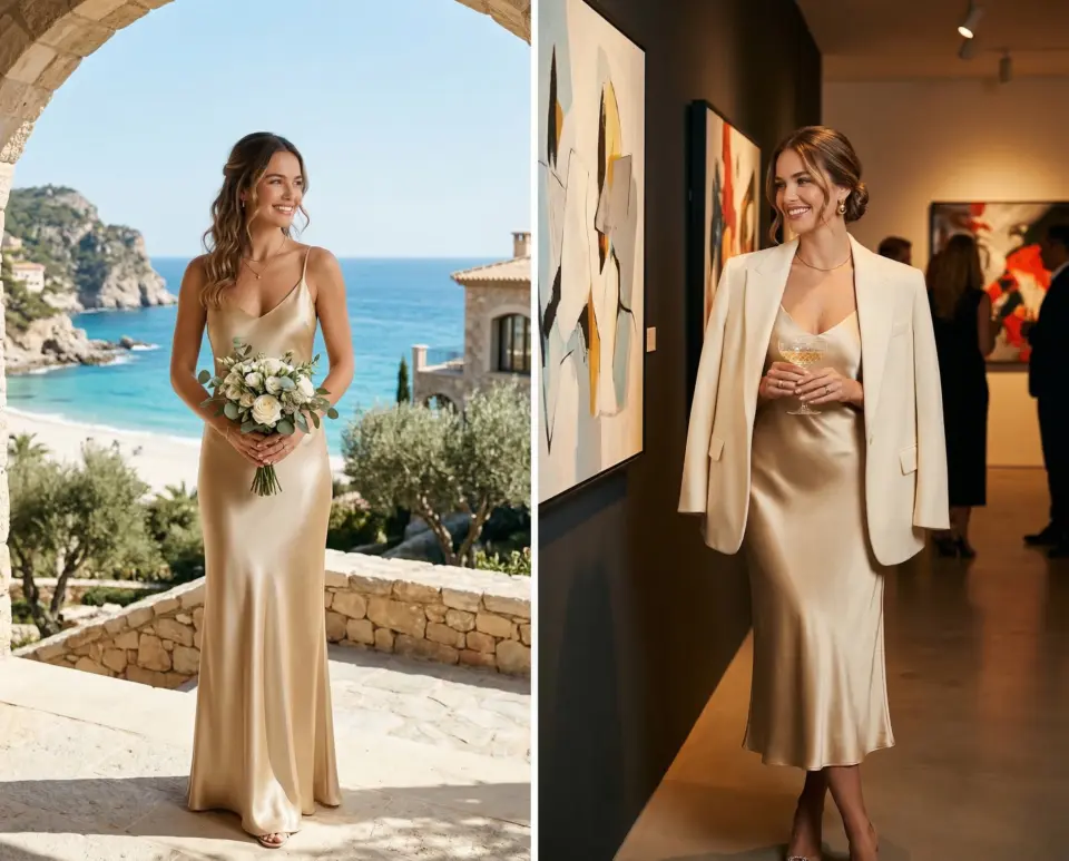 Woman in elegant gold dress at beach wedding and art gallery.