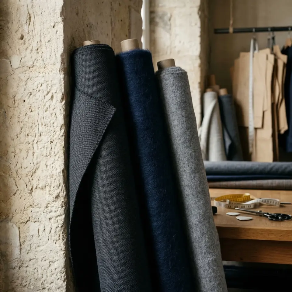 Rolls of high-performance fabrics in navy and grey textures lean against a stone wall in a tailor's atelier, with measuring tools and patterns in the background.
