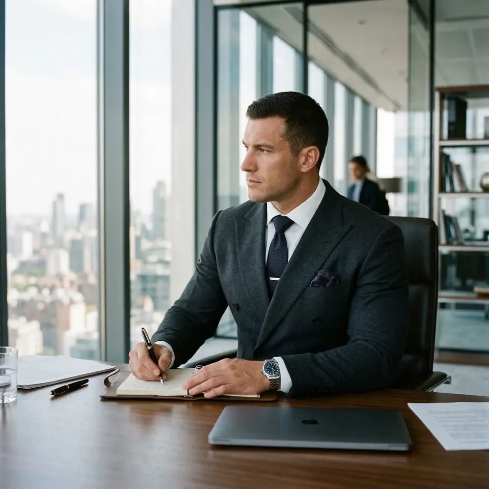 Businessman in suit writing at desk with cityscape view through office window.