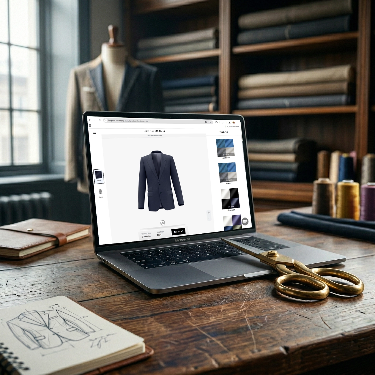 A laptop displays an online bespoke tailoring interface on a rustic tailor's workbench, showing customizable suit details and fabric swatches.