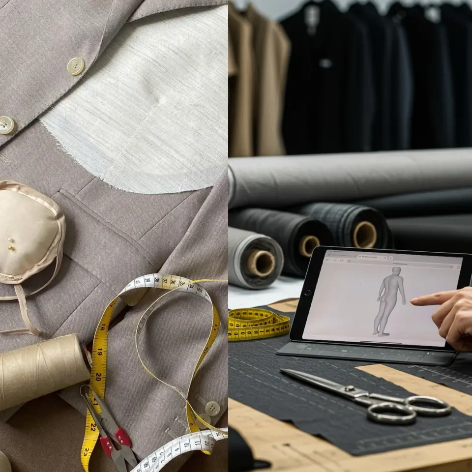 Tailoring tools with beige jacket fabric and digital design on tablet, showcasing modern fashion craftsmanship.
