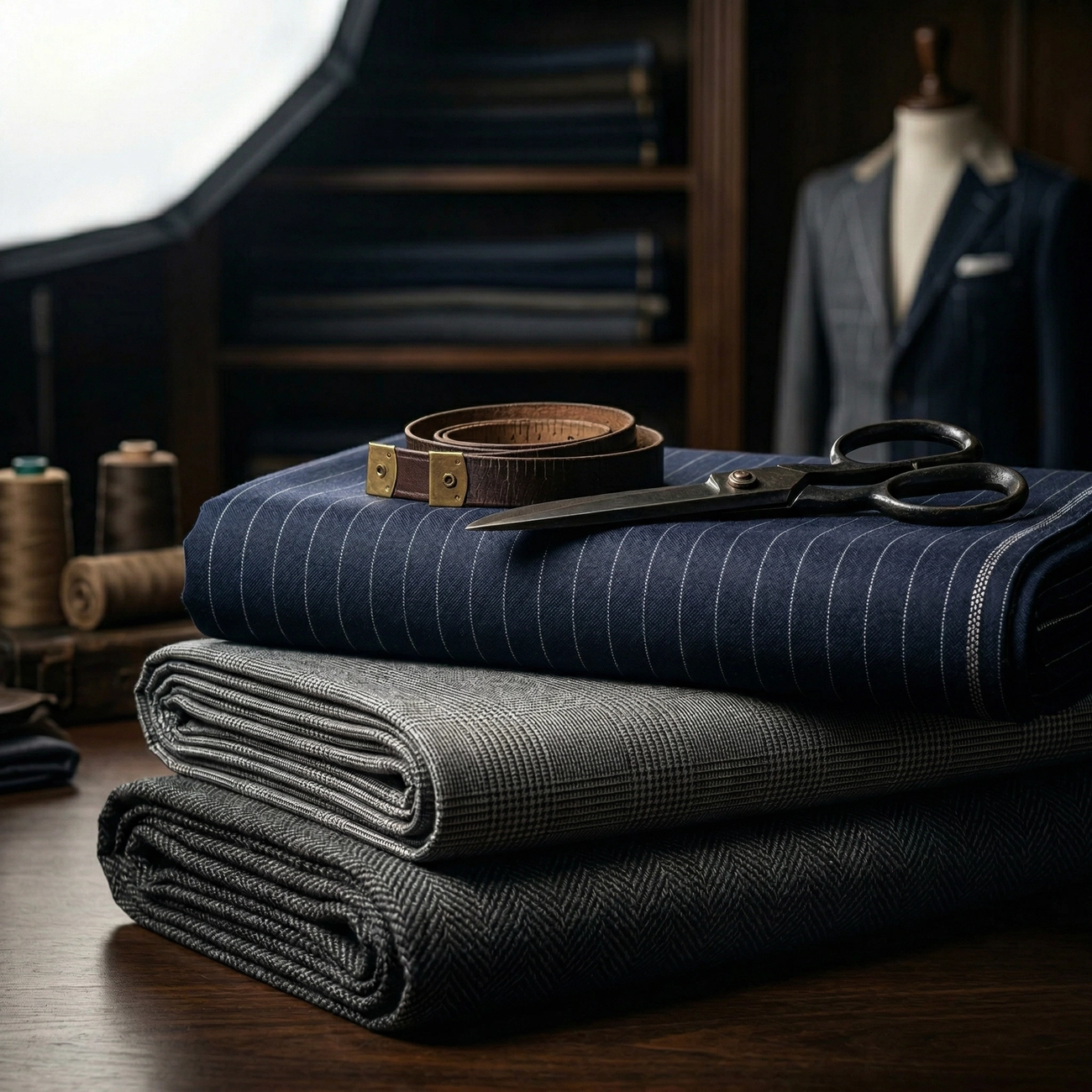A stack of premium fabric patterns, including pinstripe, plaid, and herringbone, laid on a tailor’s workbench with professional scissors and a measuring tape.