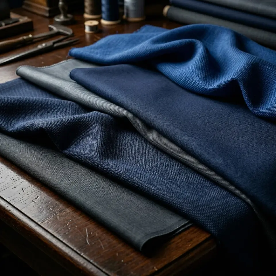 Elegant blue and gray wool fabrics on a wooden table in a tailor's workshop, showcasing rich textures and quality.