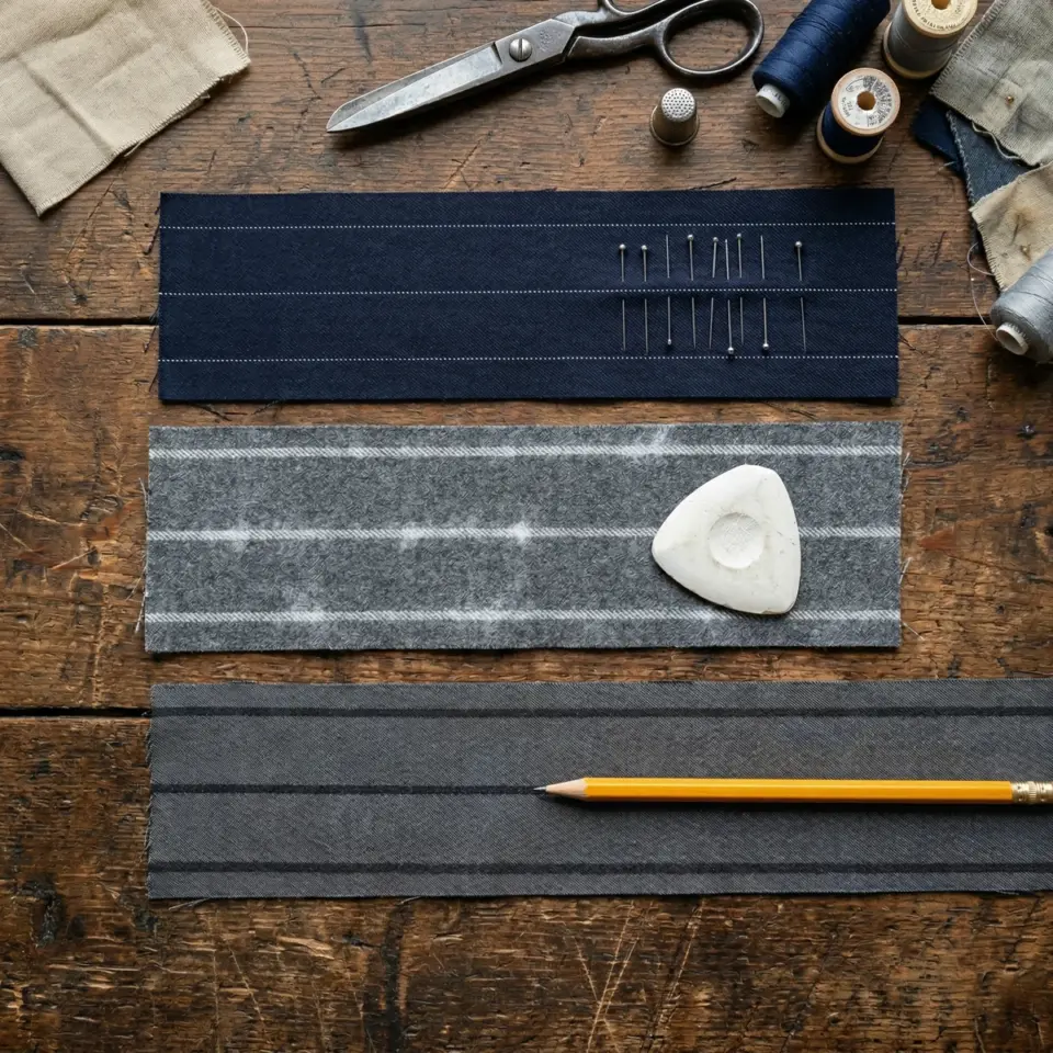 Sewing materials on wooden table including fabric strips, chalk, pencil, scissors, and thread spools for tailoring.