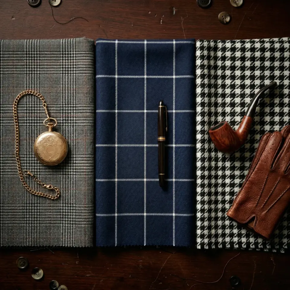 Vintage pocket watch, pen, and pipe on patterned fabrics with leather gloves on a wooden table.