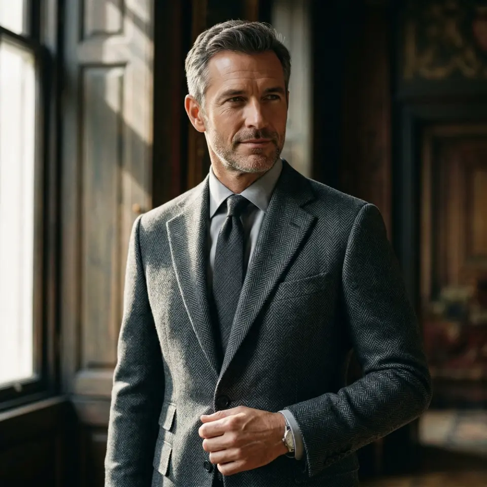 Man in a stylish gray suit looking out a window, conveying confidence and elegance.