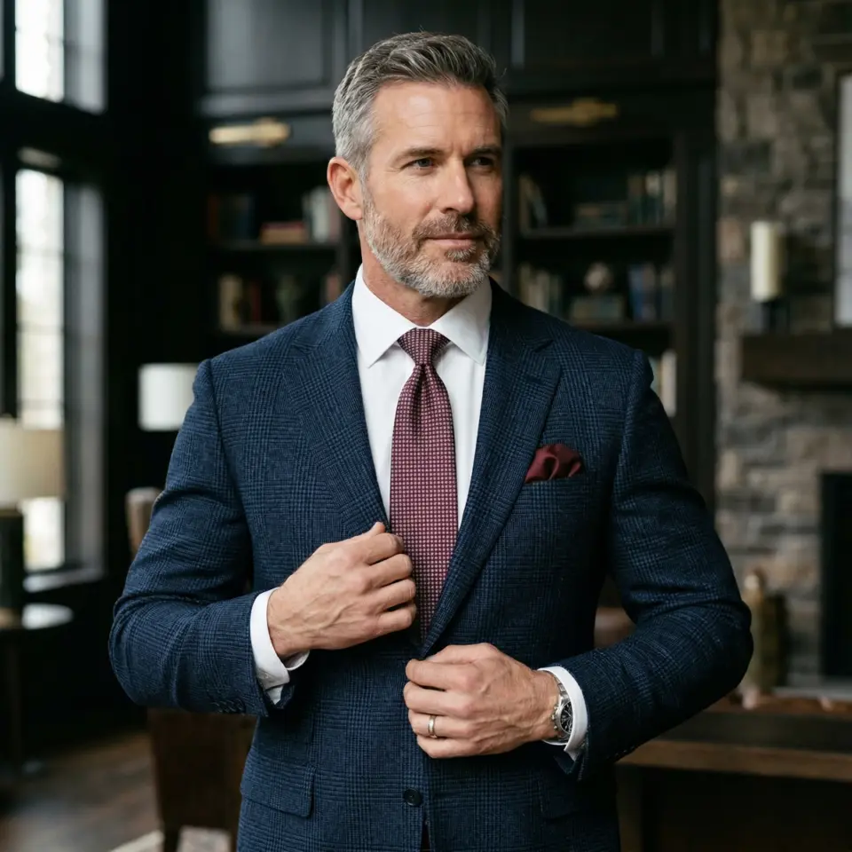 Confident man in a stylish suit adjusting jacket in elegant room with bookshelf and fireplace.