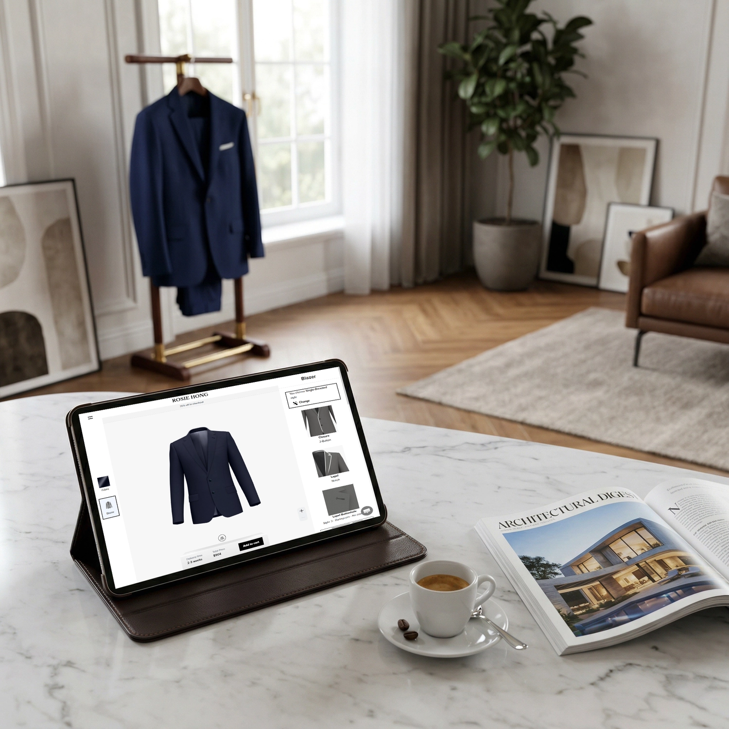 Tablet displaying suit design software on a marble table with coffee, magazine, and a blue suit on a stand.