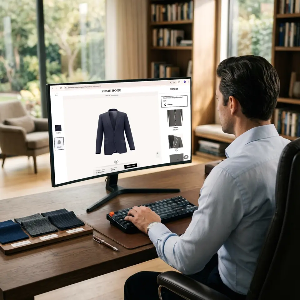 A man is designing a tailored blazer on an online bespoke tailoring website in a home office setting.