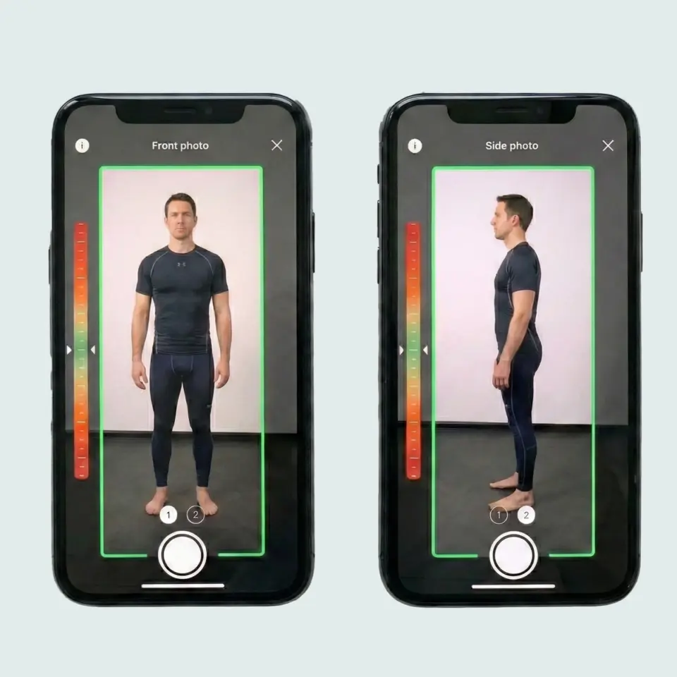 Two mobile screens showing a fitness app capturing front and side views of a man in workout attire.