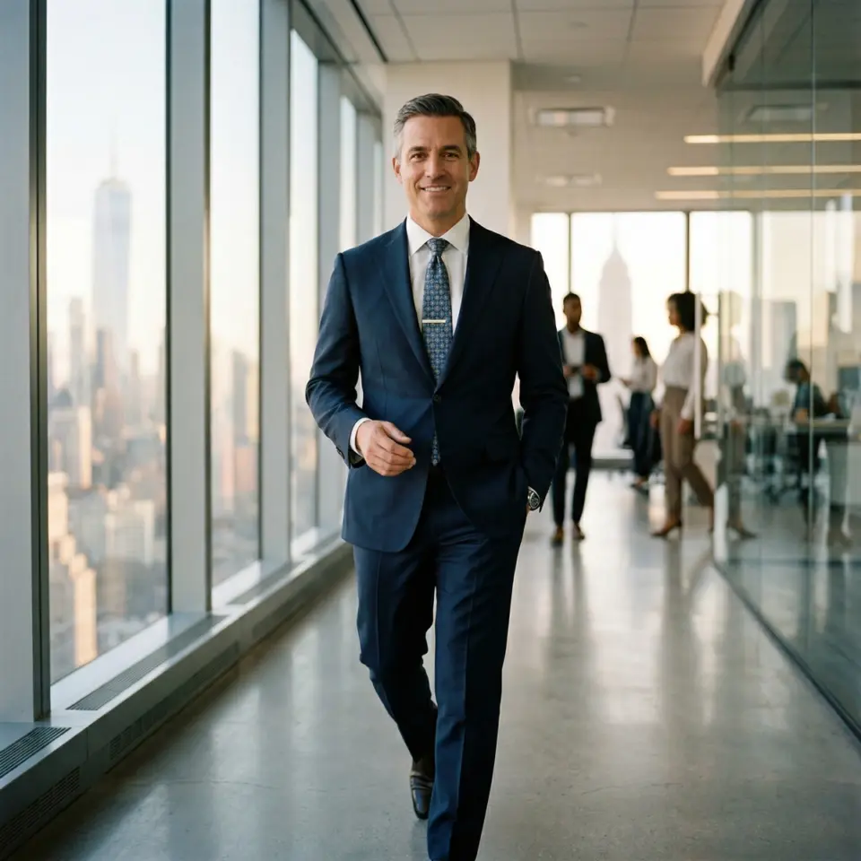 Confident businessman in a blue suit walking in a modern office with cityscape view, colleagues in background.