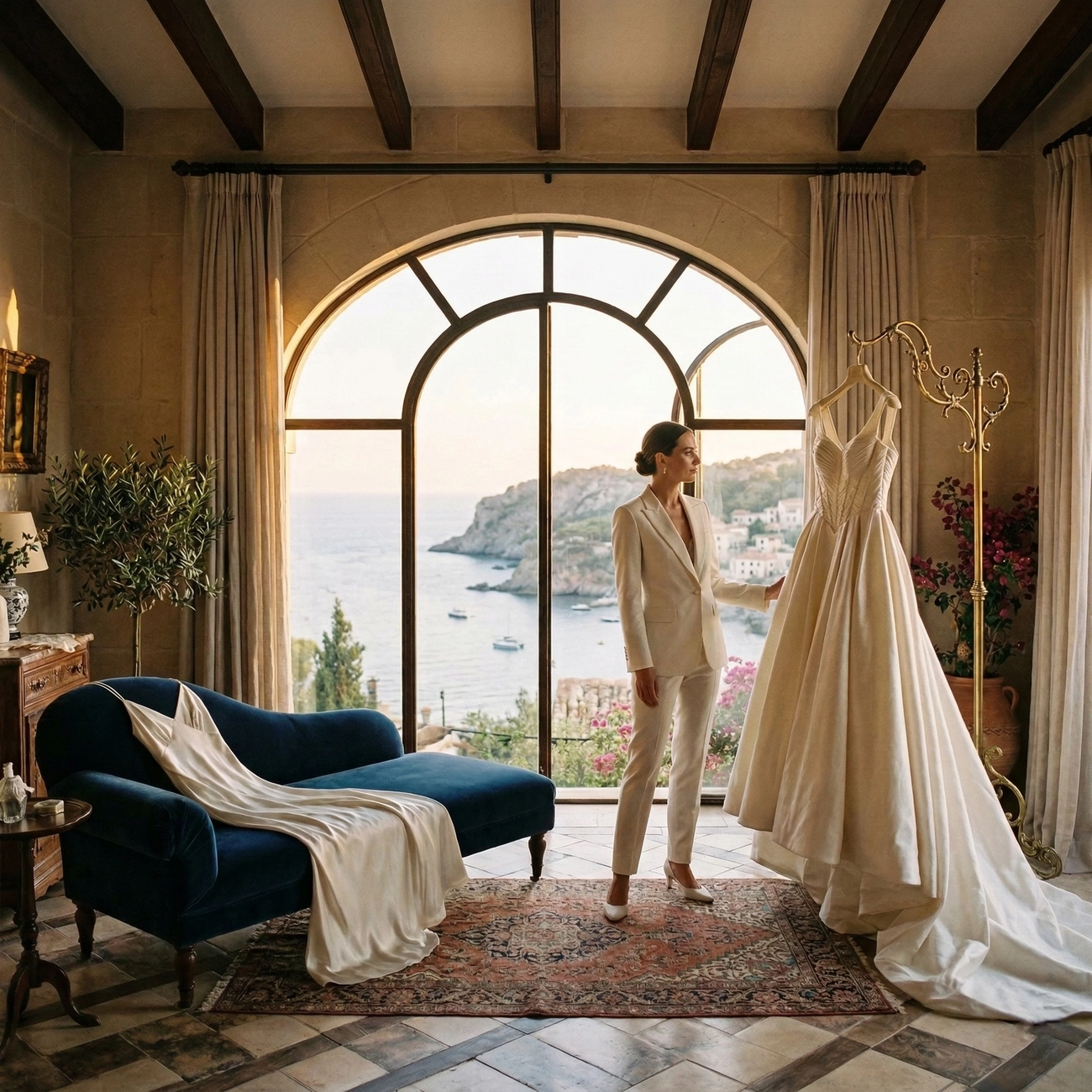 A woman in a white suit admires her bespoke trousseau, featuring a voluminous wedding gown and a silk slip dress, in a sunlit Mediterranean villa overlooking the sea.