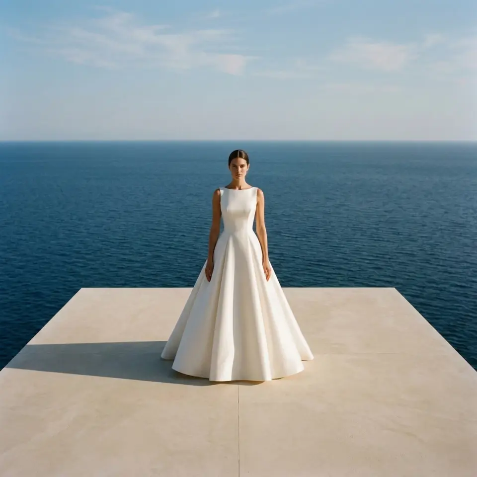 Elegant woman in white gown stands on a platform with a vast ocean backdrop, under a sunny blue sky.