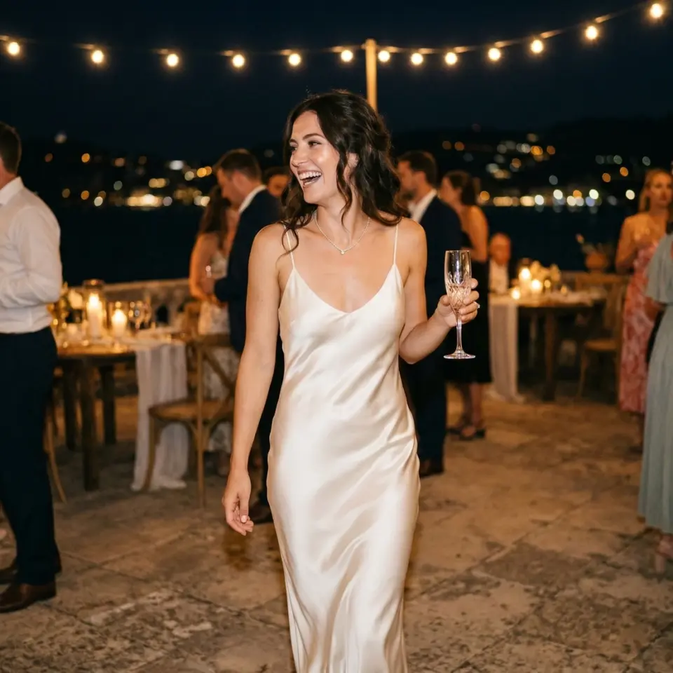 Smiling woman in elegant evening dress holding champagne, dancing at night party with string lights and city skyline.