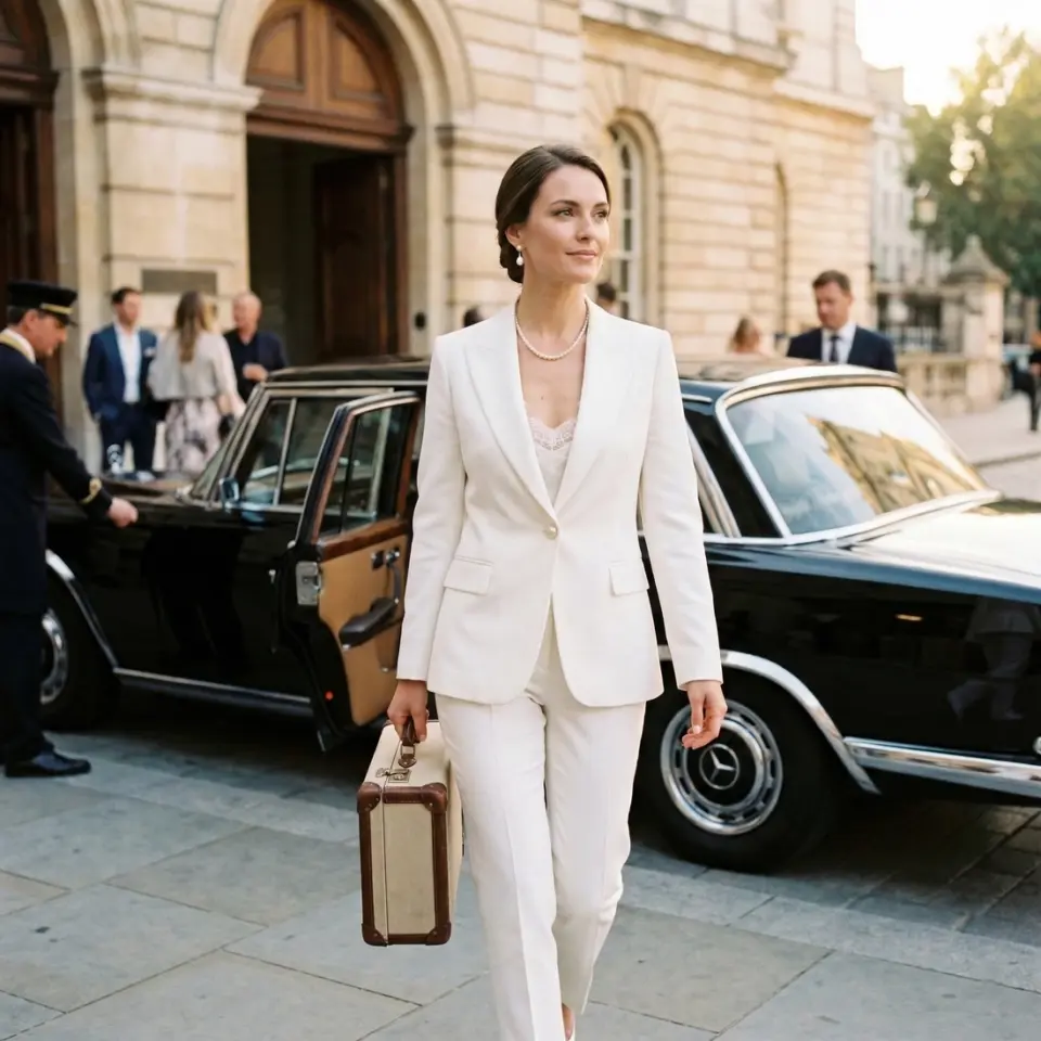 Elegant woman in white suit carrying suitcase, exiting vintage car in a city setting.