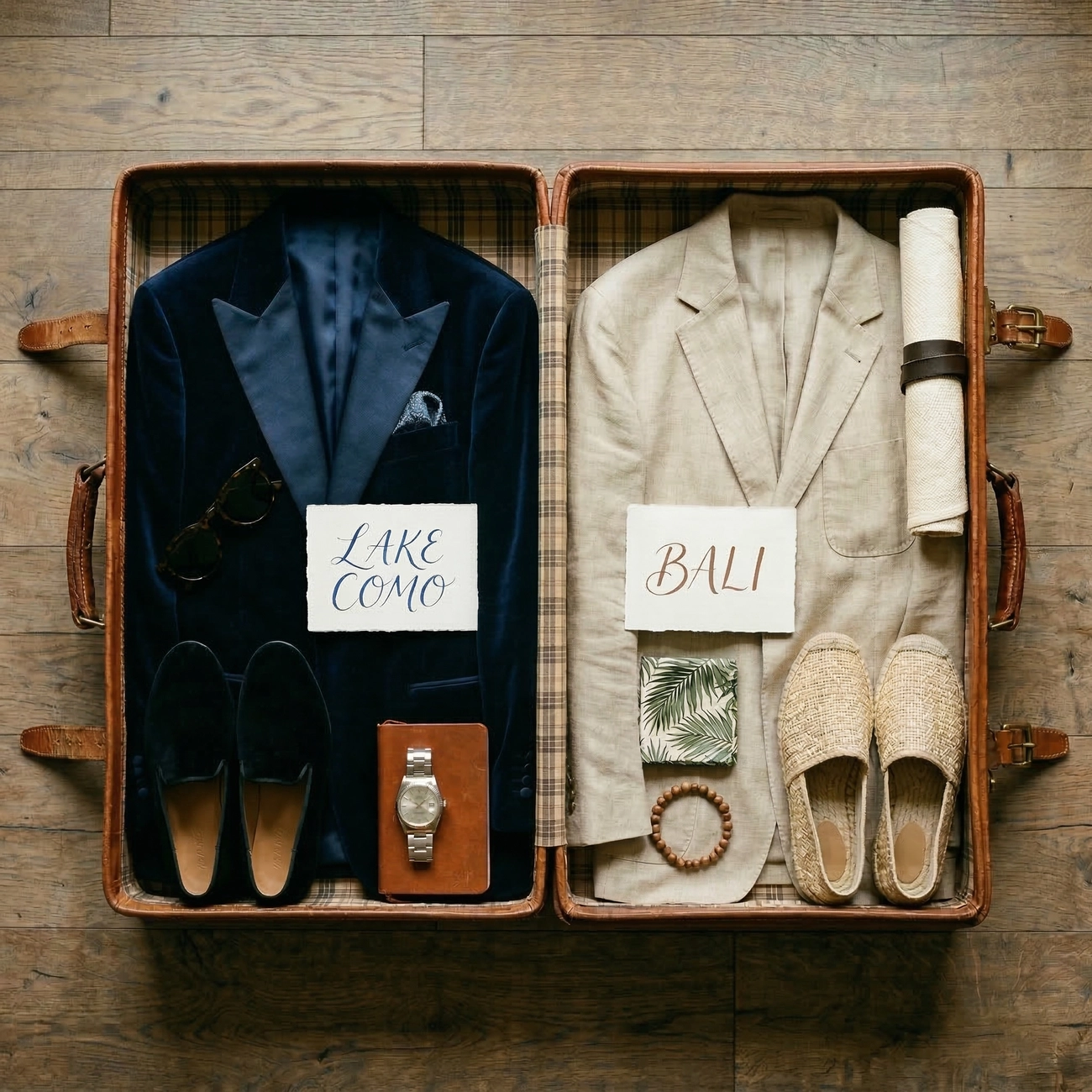 An open vintage suitcase showcasing two distinct wedding styles for Lake Como and Bali, illustrating climatic bespoke tailoring for different destinations