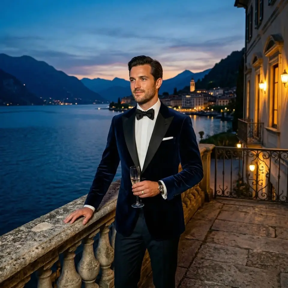 Man in tuxedo with champagne on scenic balcony overlooking a lakeside town at sunset.