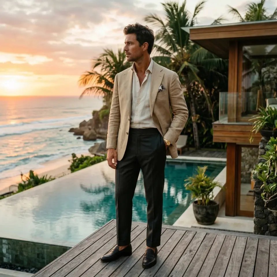 Man in a beige blazer by a pool at sunset with an ocean view and palm trees in the background.