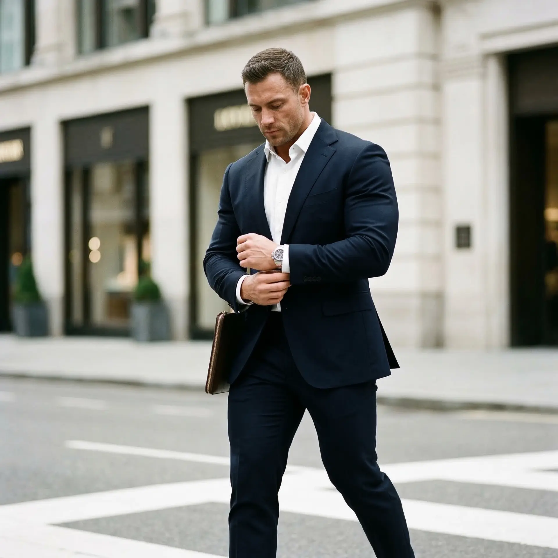 Businessman in a stylish navy suit checks watch while crossing a city street, holding a portfolio.