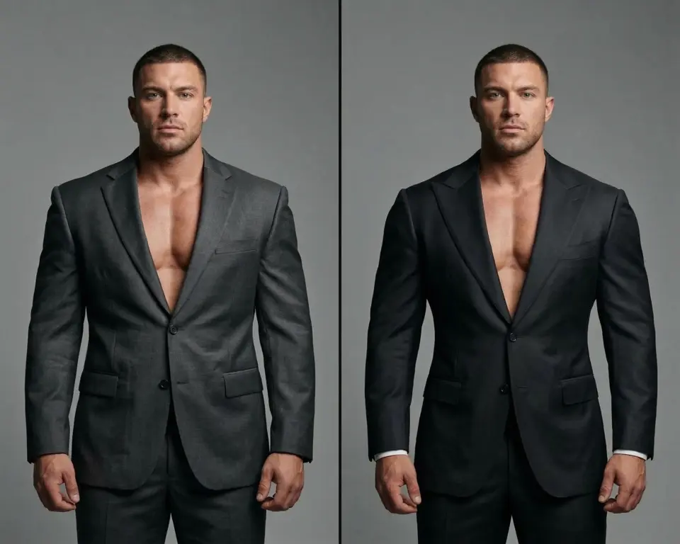 Man in dark suits showcasing two different shades, highlighting fashion comparison for men's formal wear.