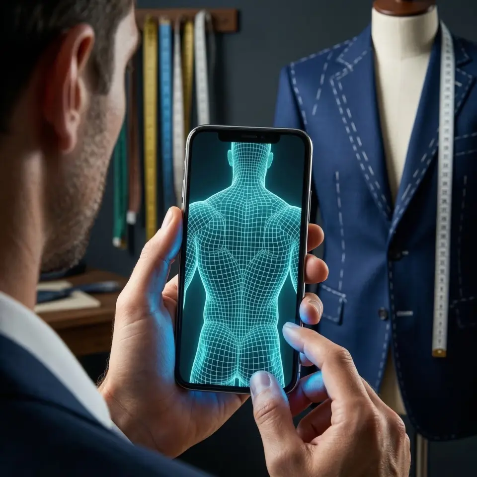 A man holds a smartphone displaying a 3D wireframe body scan, illustrating the process of phygital tailoring for a muscular build next to a bespoke suit jacket.