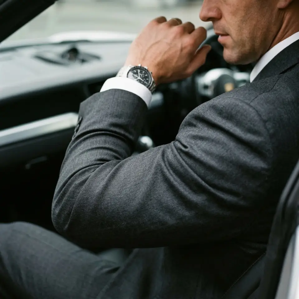 Man in a gray suit sits in a car, showcasing a luxury watch on his wrist, highlighting style and sophistication.