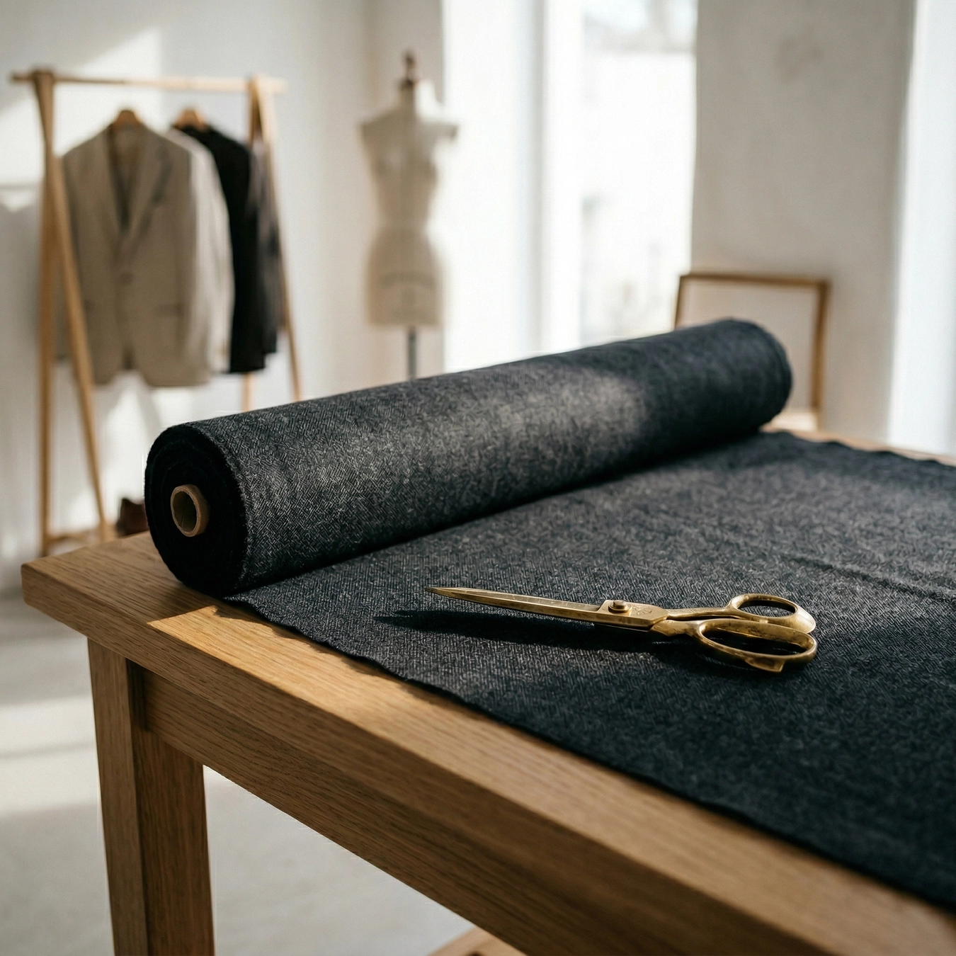 Fabric roll and scissors on a wooden table in a tailoring studio.
