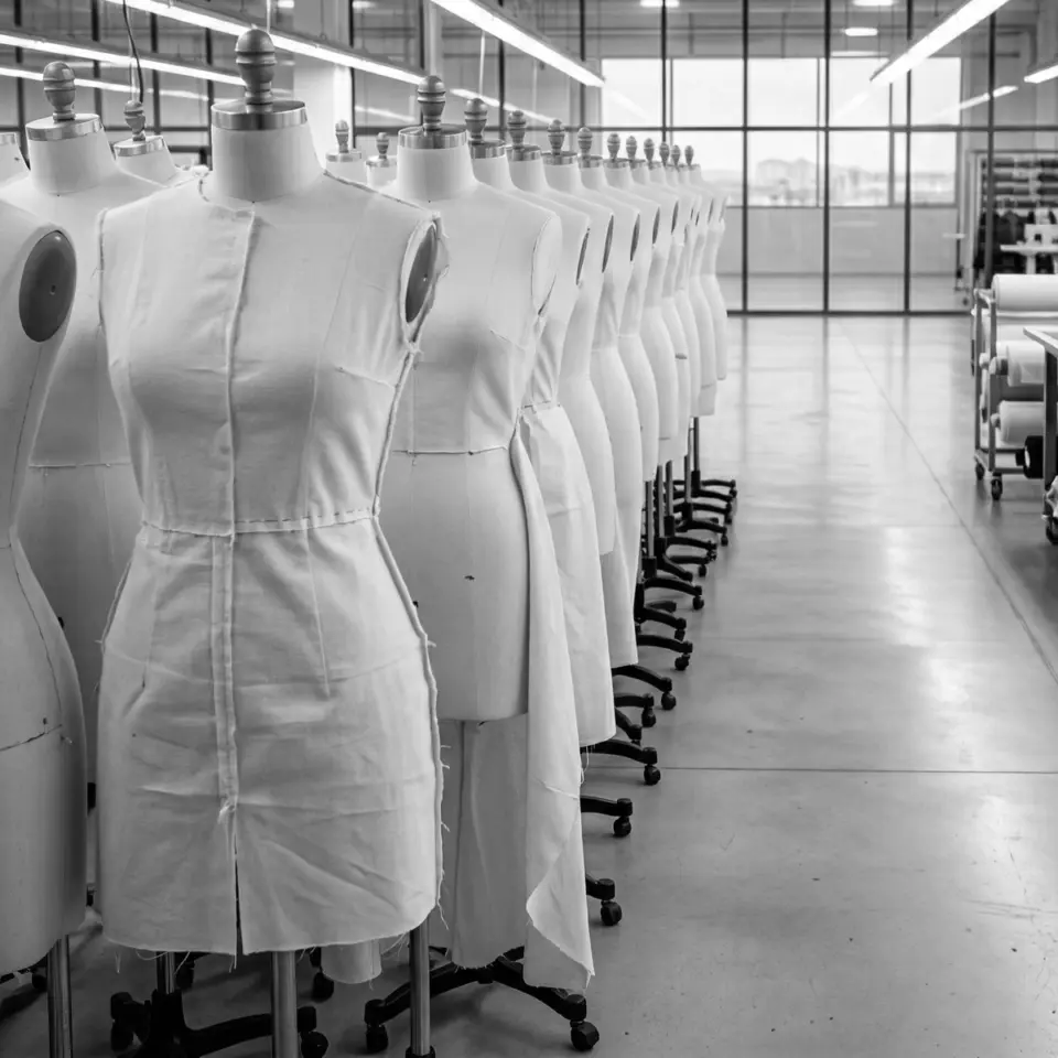 Row of dressmaker mannequins in a fashion studio, showcasing tailored garments in progress.
