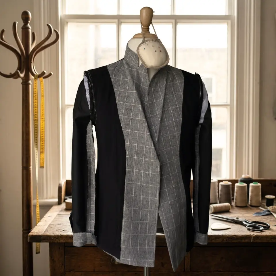 Tailor's mannequin with unfinished bespoke suit in classic workshop.