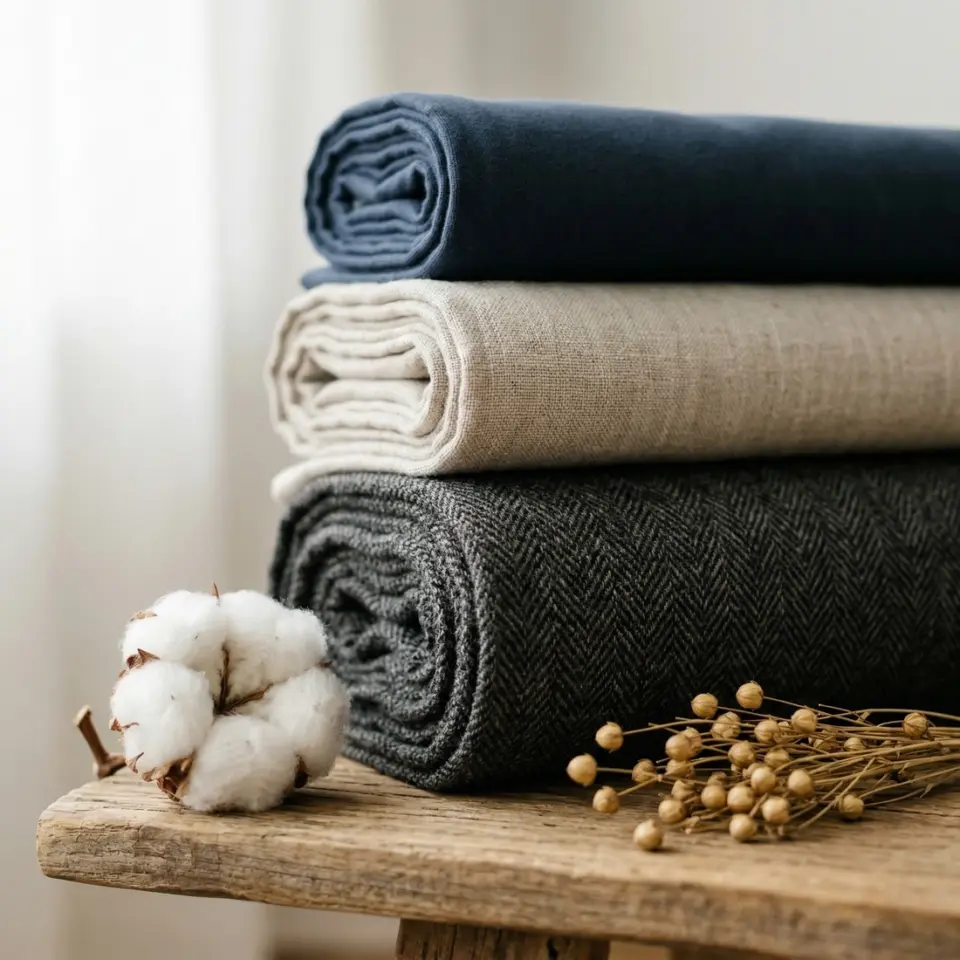Assorted fabric rolls in various textures and colors, ideal for sustainable bespoke tailoring.