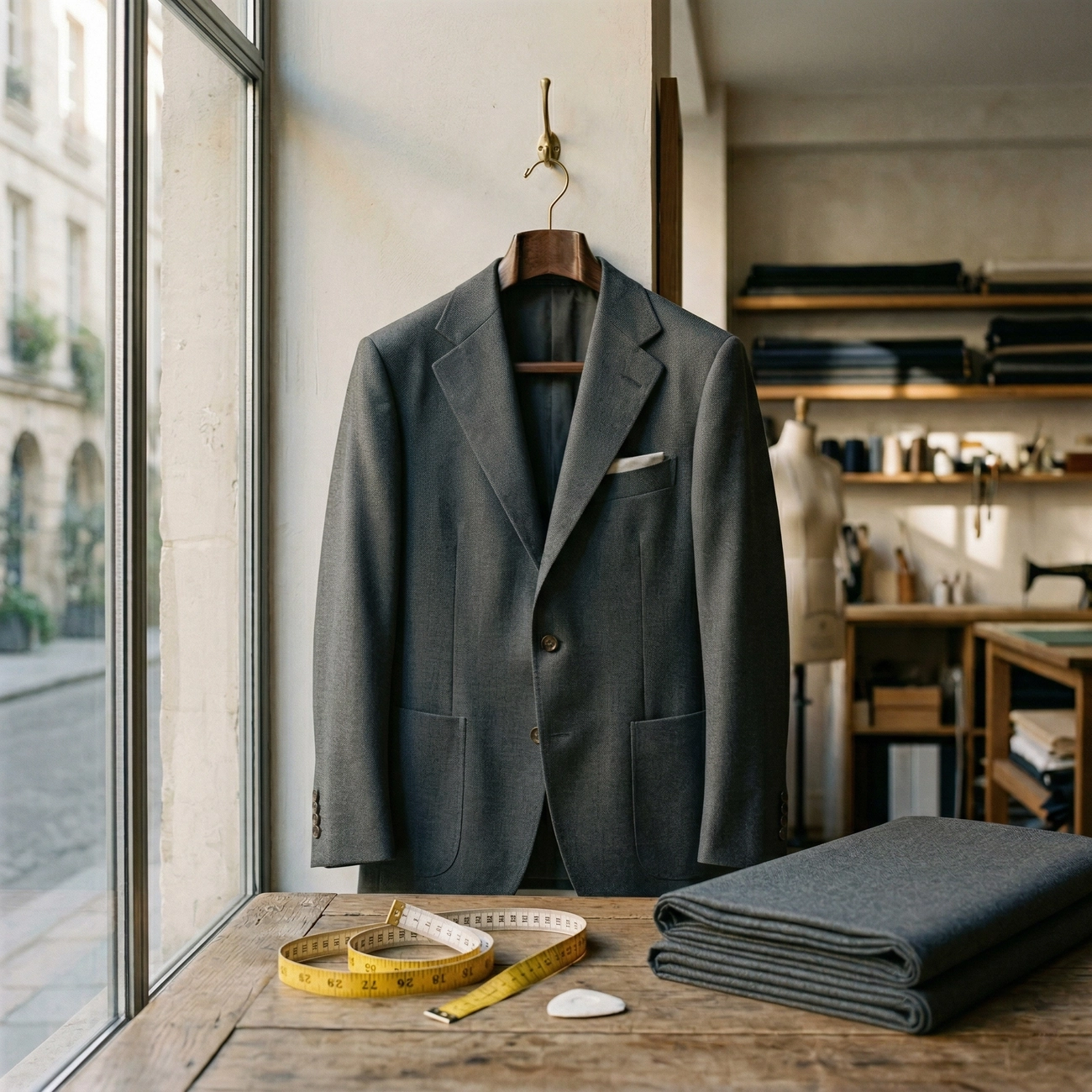 A charcoal grey bespoke tailoring blazer hanging by a large window, with a tape measure and fabric on the workbench.