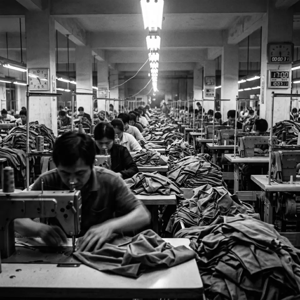 Workers in a large textile factory sewing garments in rows, busy industrial environment, black and white photography.