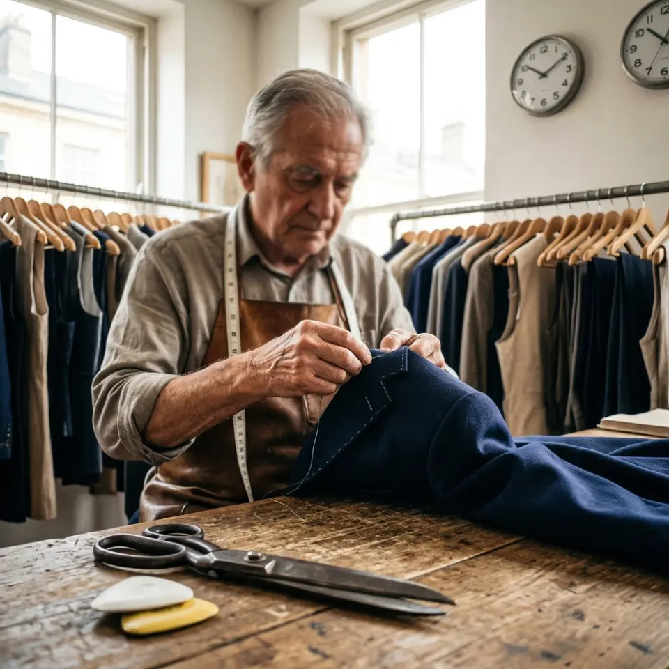 Elderly tailor sewing fabric in workshop, surrounded by hanging garments and tailoring tools on a wooden table.
