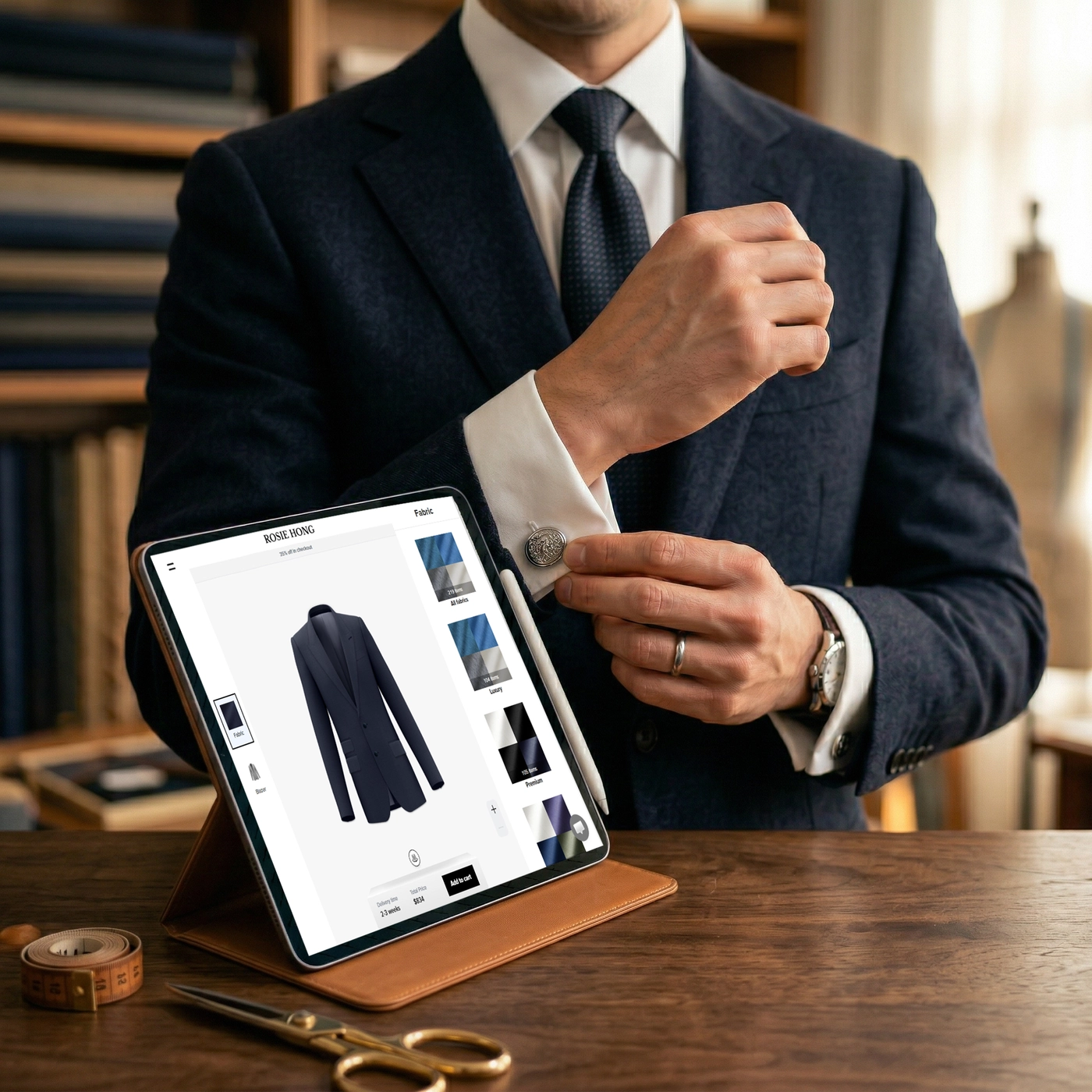 A man in a navy blue suit adjusting his cufflink next to a tablet displaying the Rosie Hong online bespoke tailoring interface.