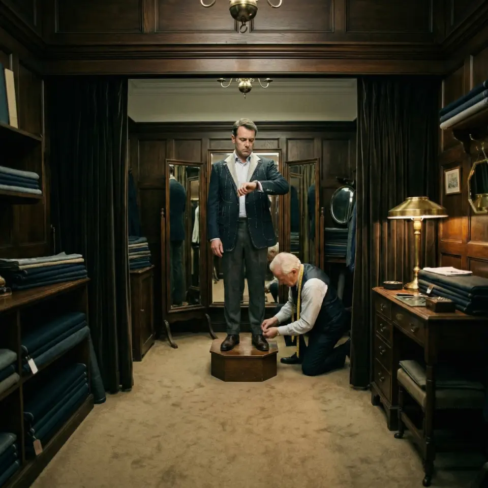 Tailor adjusting pants for a man standing on a pedestal in a bespoke suit shop.